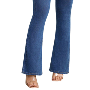 Mid <b>Waisted</b> Flare <b>Jeans</b> Women Stretch Slim Fit Denim Pants Winter Washed Solid Vintage Blue <b>Elastic</b> Bell Bottom Casual - Product Image 5