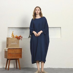 Bohemian Navy Blue Plain Cotton Linen Maxi <b>Dress</b> With O-Neck <b>Loose</b> Fit 3/4 Sleeve Boho Style Summer Casual <b>Dress</b> For Women - Product Image 2