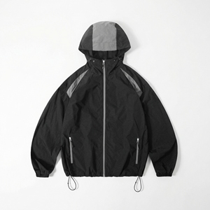Minimal Black & Grey Hooded Shell <b>Jacket</b> — <b>Packable</b> Lightweight Windbreaker with Contrast Panels | Unisex OEM/ODM Private Label - Product Image 1