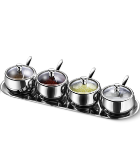 Stainless Steel <b>Spice</b> And Herb Bowl <b>Jar</b> Rack with Tray Acrylic Lid And Spoon Steel Sugar Seasoning Bowl Accessory - Product Image 5