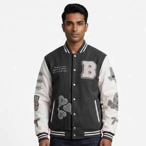 Manufacturer High Quality College Baseball Varsity <b>Jacket</b> for Men Street Style Black Embroidery Breathable Windproof 100% Cotton - Product Image 1