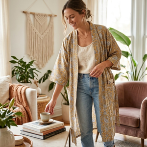 Robe kimono en coton imprimé à la main pour femme, col en V, manches longues, longueur longue, 2 poches avant, cordon de serrage, vêtements de nuit durables - Product Image 3