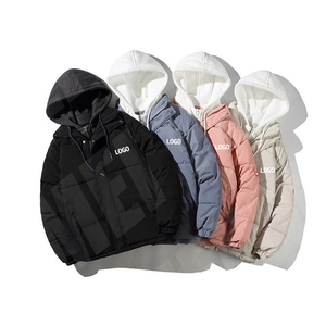 Blouson matelassé à capuche pour homme, couleur unie, fermeture éclair, coupe-vent, hiver, décontracté, rembourrage épais en polyester, coupe classique, logo frontal - Product Image 1