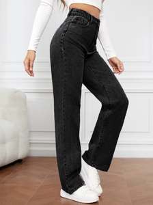 Jeans de cintura alta y pierna ancha, negros, rectos, personalizados, de mezclilla para mujer, a la moda, casuales, holgados, estilo streetwear. - Product Image 4