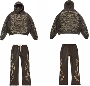 Ensemble de survêtement noir à capuche 2 pièces coupe ample longueur intégrale style streetwear automne imprimé crâne en coton avec pantalon à cordon de serrage 2026 - Product Image 6