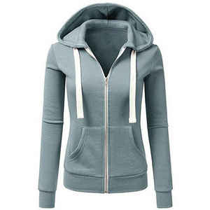 Sweat-shirt à capuche zippé en corail pour femme, manches régulières, couleur unie, tricoté, décontracté, pour l'automne - Product Image 3