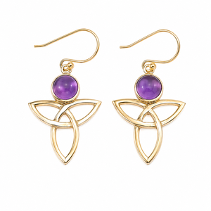 Natural Amethyst Celtic Knot <b>Dangle</b> <b>Earrings</b> <b>Gold</b> Plated Sterling Silver Round Cabochon Gemstone Jewelry Gift For Women - Product Image 1