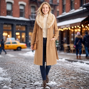 Women's <b>Winter</b> Fox Faux Collar Double Breasted <b>Thick</b> Filled <b>Coat</b> Luxurious Warm Casual OEM ODM Wholesale Factory Private Label - Product Image 4
