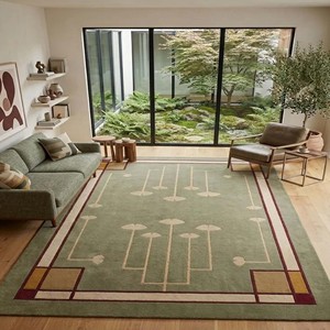 Alfombra Artesanal de Lana Verde con Borde Floral, Estilo Misionero, para Sala de Estar o Dormitorio, Decoración de Inspiración Vintage - Product Image 1