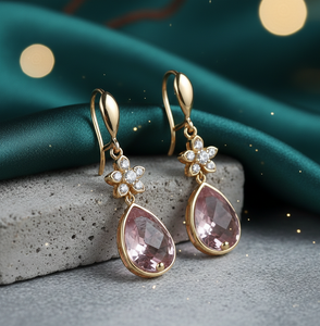 Boucles d'oreilles pendantes artisanales en pierre rose ovale, argent sterling 925 plaqué or 18 carats, bijoux pour fêtes et mariages, cadeau d'anniversaire - Product Image 2