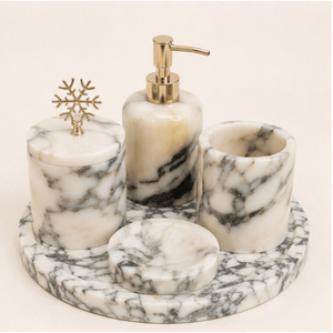 Ensemble d'accessoires de salle de bain en marbre naturel, 5 pièces, ensemble de vanité en pierre artisanale avec distributeur de savon, pot avec couvercle doré et plateau pour la maison - Product Image 3