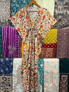 Flower Print Cotton Eco-Friendly V-neck Feather Tassel <b>Kaftan</b> Dress Long Loose Fit Maxi Indian <b>Plus</b> <b>Size</b> for Women All Season - Product Image 5