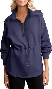 Sudadera Oversize de Mujer con Media Cremallera, Manga Larga, Cuello Redondo, Cintura con Cordón, Tejida 100% Algodón, Color Liso, para Otoño - Product Image 4