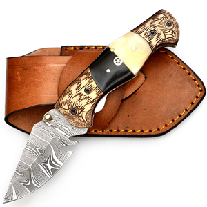 Couteau de survie pliant de camping Damas sur mesure de qualité supérieure 2026 avec manche en corne et os, couteaux pliants avec étui en cuir - Product Image 1