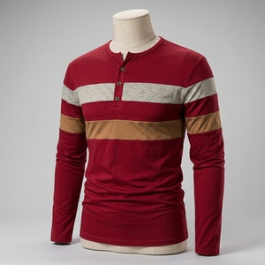 Mens Wine Red Henley Shirt Long Sleeve Color Block T Shirts Fashion Striped Cut Sew Cotton Knit Casual Pullover Tee Shirts Slim - Product Image 5