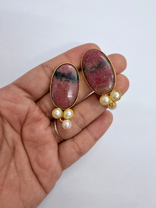 Classic Handmade Natural Gemstone Choker <b>Necklace</b> Earring Set with Pearls 18K Gold Plated <b>Ruby</b> Zoisite <b>Necklace</b> and Stud Earring - Product Image 5