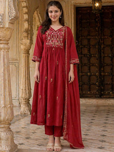 Women's Maroon Embroidered <b>Silk</b> Blend Floor-Length <b>Kurta</b> Palazzo Set With Dupatta Loose Fit Traditional Casual Wear All Seasons - Product Image 1