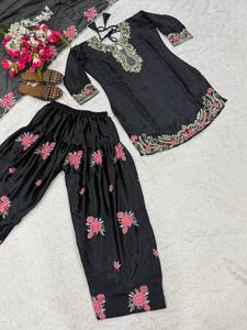Premium Heavy Japan Satin Kurti Farshi Salwar Set with Embroidery Work <b>Wedding</b> Festive Wear Suit with Dupatta - Product Image 6