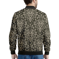 Blouson Bomber Homme Noir à Motif Floral, Fermeture Éclair, Col Rabattu, Décontracté, pour l'Automne, en Polyester, Extérieur