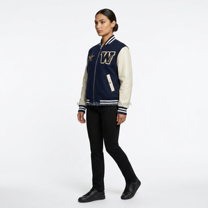 Blouson universitaire unisexe personnalisé en laine avec manches en cuir, col montant, teint, pour homme, style cheerleader, bomber, uni, décontracté, hiver, brodé - Product Image 5