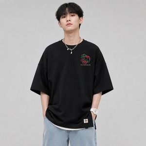 เสื้อยืดโอเวอร์ไซส์ผ้าฝ้ายถักเนื้อนุ่มใส่สบายสำหรับฤดูร้อน คอกลมเรียบง่าย สไตล์ลำลอง เสื้อยืดโอเวอร์ไซส์ผู้ชาย - Product Image 1