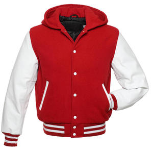 <b>Mens</b> Red And <b>White</b> Hooded Varsity <b>Jacket</b> Snap Button Letterman Casual Streetwear Coat - Product Image 4