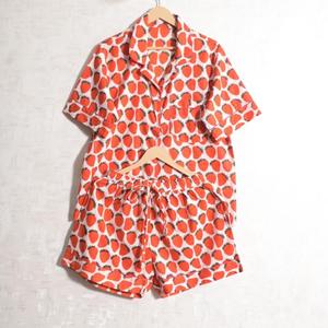 Women Strawberry Print Cotton Hand Block Printed Pajamas Short Sleeve Turn-Down Collar Elastic Waist Mid Rise Casual Summer Wear - Product Image 1