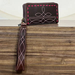 Nueva Llegada Cartera de Mano de Cuero Genuino Hecha a Mano con Costuras Estilo Bota, Estilo Western, Porta Dinero y Tarjetas, Monedero de Muñeca con Cremallera para Mujer - Product Image 3