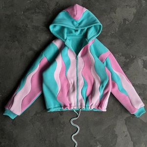 เสื้อฮู้ดครอปสีน้ำเงินกรมท่าคุณภาพดีสำหรับทุกเพศ ดีไซน์สีตัดต่อ ซิปหน้า ทรงโอเวอร์ไซส์ ลายคลื่น พร้อมเชือกผูก ผลิตภัณฑ์ขายดี - Product Image 6