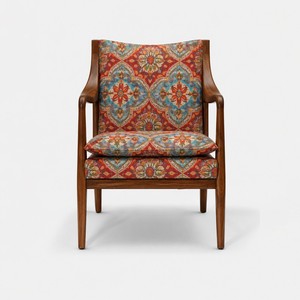 Sillón de madera de estilo moderno de mediados de siglo con respaldo sólido y tapicería con patrones coloridos para sala de estar - Product Image 1
