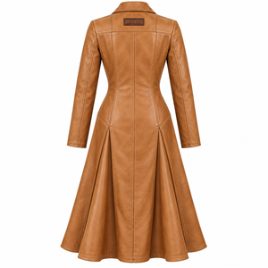 Tan <b>Brown</b> <b>Leather</b> Duster Coat Pleated Flare Long Trench <b>Jacket</b> <b>Womens</b> Custom Oem Odm Manufacturing Service - Product Image 2