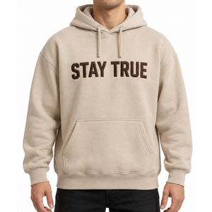 Sweat-shirt à capuche beige pour homme avec broderie marron foncé - sweat-shirt classique streetwear avec poche kangourou, pull décontracté - Product Image 1
