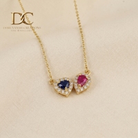 14 Karat Massivgold Halskette mit Anhänger, Laborgezüchtetem Diamanten, Laborgezüchtetem Rosa Turmalin und Blauem Saphir, Damenschmuck