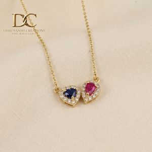 14KT <b>Solid</b> Yellow <b>Gold</b> Necklace <b>Pendant</b> with Lab Grown Diamond and Lab Grown Pink Tourmaline and Blue Sapphire Women's Jewelry - Product Image 3