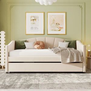 Beige Upholstered Daybed Sofa Bed Twin Size with Trundle Bed and Wood Slat - Product Image 2