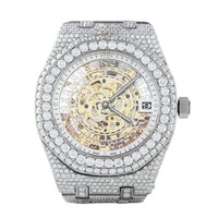 Montre de luxe sportive pour homme avec cadran squelette en cristal de saphir glacé, diamant Moissanite, mouvement à quartz automatique, bracelet en acier inoxydable de 20 mm