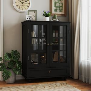 Buffet noir minimaliste moderne avec double porte en verre et tiroir pour salon, salle à manger, couloir ou entrée - Product Image 1