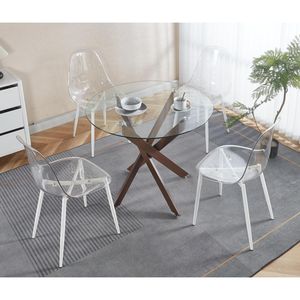 Tavolo da Pranzo Moderno Salvaspazio con Piano in Vetro Temperato Color Noce e Gambe Incrociate in Metallo per Cucina o Soggiorno - Product Image 3