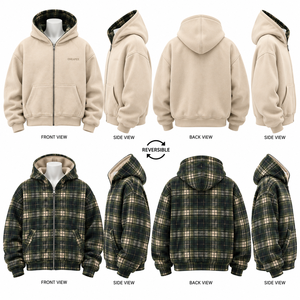 เสื้อแจ็คเก็ตฮู้ดดี้แบบซิป ONEAPEX ลายสก็อตสีเขียวและครีมแบบกลับด้านได้ สกรีนโลโก้ได้ตามสั่ง ทรงโอเวอร์ไซส์ สตรีทแวร์ ผู้ผลิตขายส่ง - Product Image 4