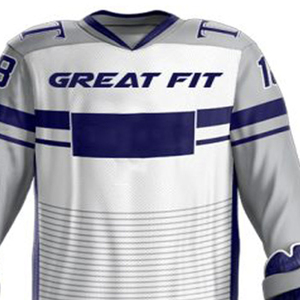 Ensemble d'uniformes de hockey pour hommes, coupe ajustée, blanc et bleu marine, impression par sublimation, polyester respirant, taille adulte, service OEM - Product Image 4