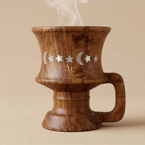 Brûleur d'encens artisanal en bois avec incrustation étoile et lune, design rustique en forme de coupe pour la décoration intérieure et l'aromathérapie - Product Image 1
