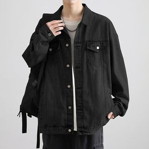 เสื้อแจ็คเก็ตยีนส์สีดำสำหรับผู้ชาย สไตล์ลำลอง ติดกระดุมด้านหน้า สีพื้น ทรงหลวม ใส่ได้ทั้งฤดูใบไม้ร่วงและฤดูหนาว ผลิตจากผ้าฝ้าย 100% กันลม ซักได้ ล้างสีแบบแอซิดวอช - Product Image 3