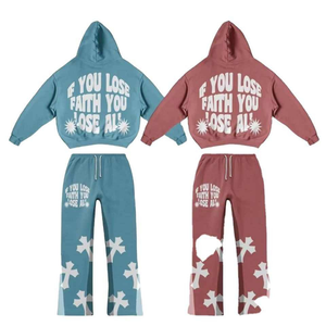 ชุดวอร์มผู้ชายสีเขียวน้ำเงินลายกราฟิก เสื้อฮู้ดพิมพ์ลาย กางเกงขาบาน ผ้าคอตตอนผสม ระบายอากาศได้ดี ขายส่ง - Product Image 2
