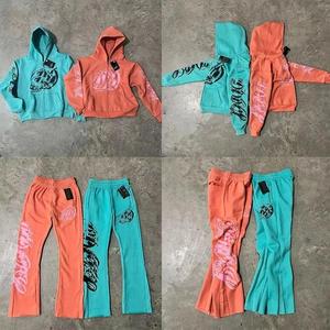 Conjunto de chándal de lana de dos piezas de algodón 100%, conjunto de pantalones de chándal acampanados Vintage desgastados de gran tamaño y Sudadera con capucha para hombre - Product Image 3