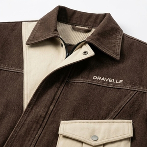 Veste utilitaire en toile denim délavée marron pour homme, style camionneur, avec patchwork contrastant personnalisé, vintage, décontractée, streetwear - Product Image 6