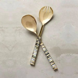 Ensemble de serveurs à salade décoratifs uniques en acier inoxydable plaqué argent avec poignée ronde en nacre pour la maison et les hôtels - Product Image 2