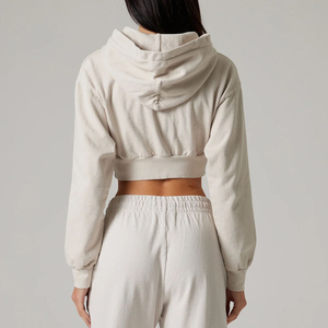 Wholesale Women <b>White</b> <b>Lace</b> Up Crop Top Hoodie Long Sleeve Drawstring Corset Waist Sweatshirt Pullover Streetwear OEM Factory - Product Image 2