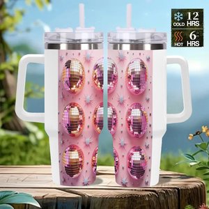 Vaso de acero inoxidable de 40 oz con asa y diseño de bola de discoteca rosa para uso en la oficina - Product Image 2