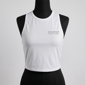 เสื้อครอปท็อปสำหรับเล่นพิคเคิลบอลสำหรับผู้หญิง ผ้าถักระบายอากาศ คอทรงโอ สายไขว้หลัง ปักลายเรียบ แห้งเร็ว ผ้ายืดผสมคอตตอน - Product Image 1
