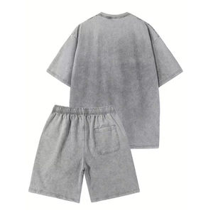 Conjunto de Camiseta y Pantalones Cortos de Algodón Gris para Hombre, Cuello Redondo, Ropa Casual de Verano, Tejido Transpirable, Color Sólido, Ajuste Cómodo - Product Image 2